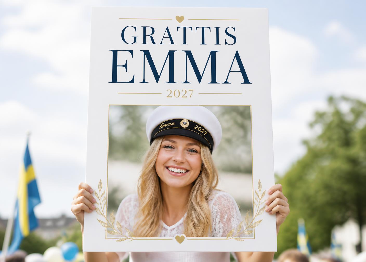 Studentskylt i 50x70 cm med studentfoto, namn och årtalet 2027 upphållen på utspringet
